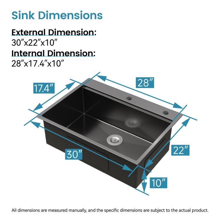 Black single-bowl sink dimensions diagram with measurements 30 x 22 x 10 inches