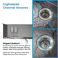 Black single-bowl sink with engineered drainage channels at the bottom