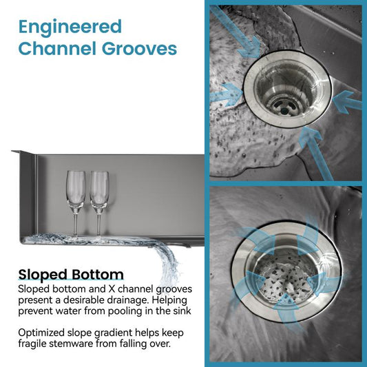 Black single-bowl sink with engineered drainage channels at the bottom