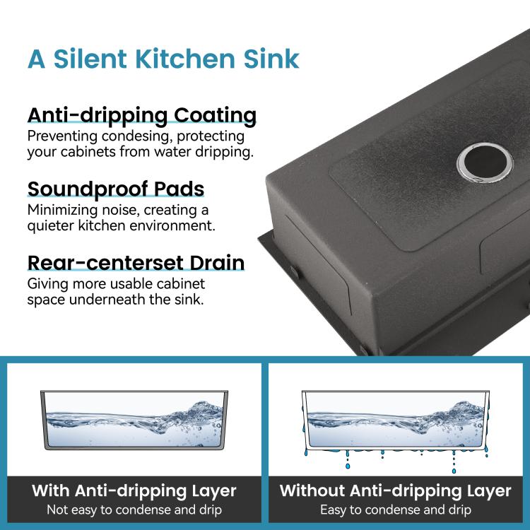 Black kitchen sink underside with drain and mounting features
