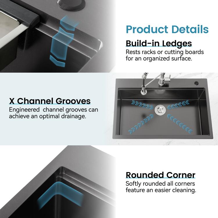Black sink interior showing channel grooves, rounded corners, and drain area