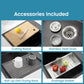 Accessories for black kitchen sink: wood cutting board, drain, drying rack, basket