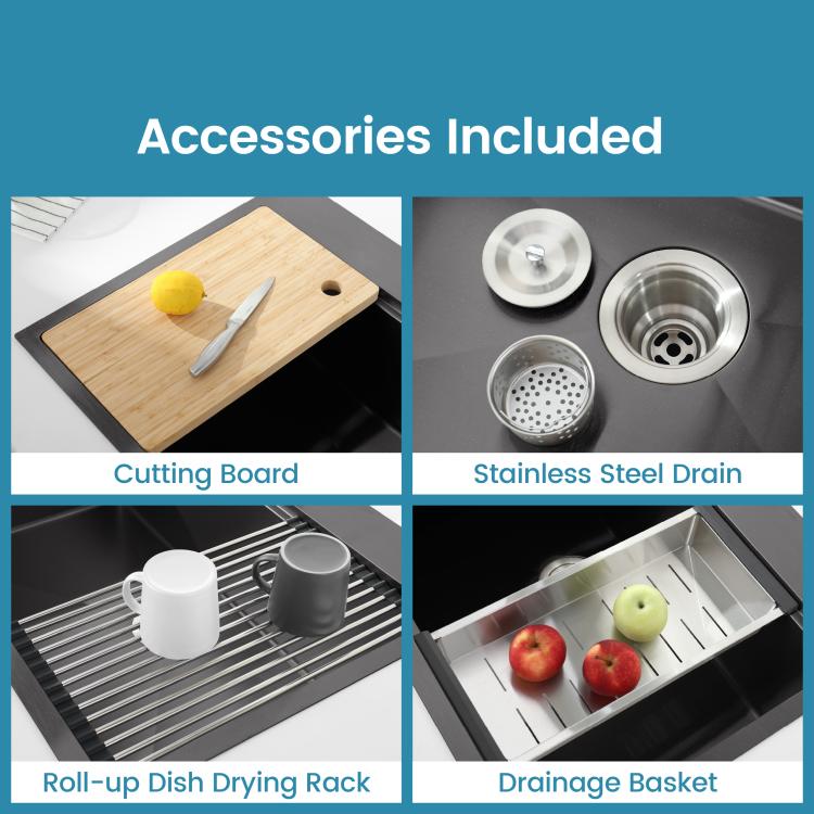 Accessories for black kitchen sink: wood cutting board, drain, drying rack, basket