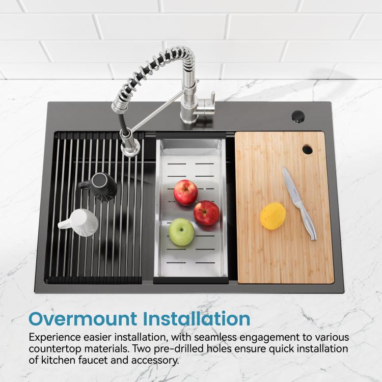 Black sink with built-in drying rack, removable insert tray, and wood cutting board