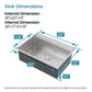 Single-bowl overmount kitchen sink with size proportions and circular drain