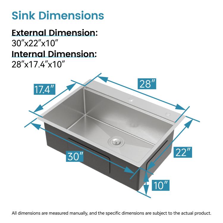 Single-bowl overmount kitchen sink with size proportions and circular drain