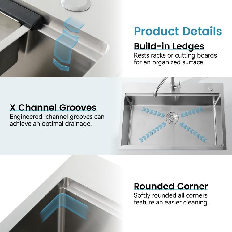 Stainless single-bowl sink interior with channel grooves, build-in ledges, rounded corners