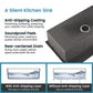 Dark gray single-bowl sink corner with circular drain opening and sound-dampening pads