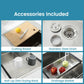 Included sink accessories: bamboo cutting board, stainless drain, drying rack, drainage basket