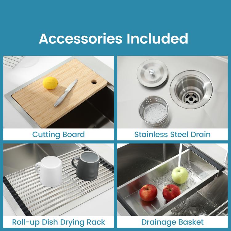 Included sink accessories: bamboo cutting board, stainless drain, drying rack, drainage basket