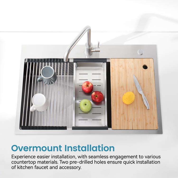 Overmount single-bowl sink with faucet, bamboo cutting board, and roll-up drying rack