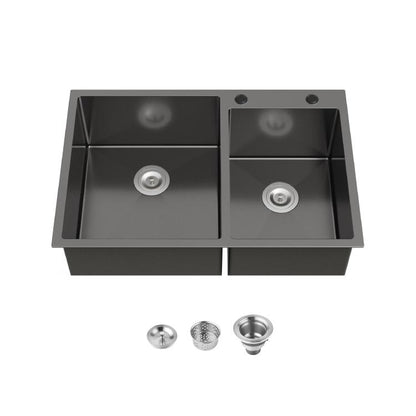 Black double-bowl overmount kitchen sink with two round drain openings