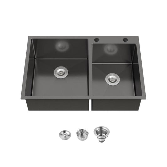 Black double-bowl overmount kitchen sink with two round drain openings