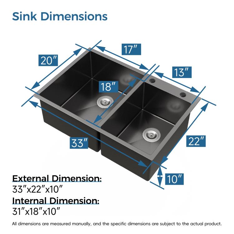 Black double-bowl kitchen sink with labeled dimensions and two drain openings