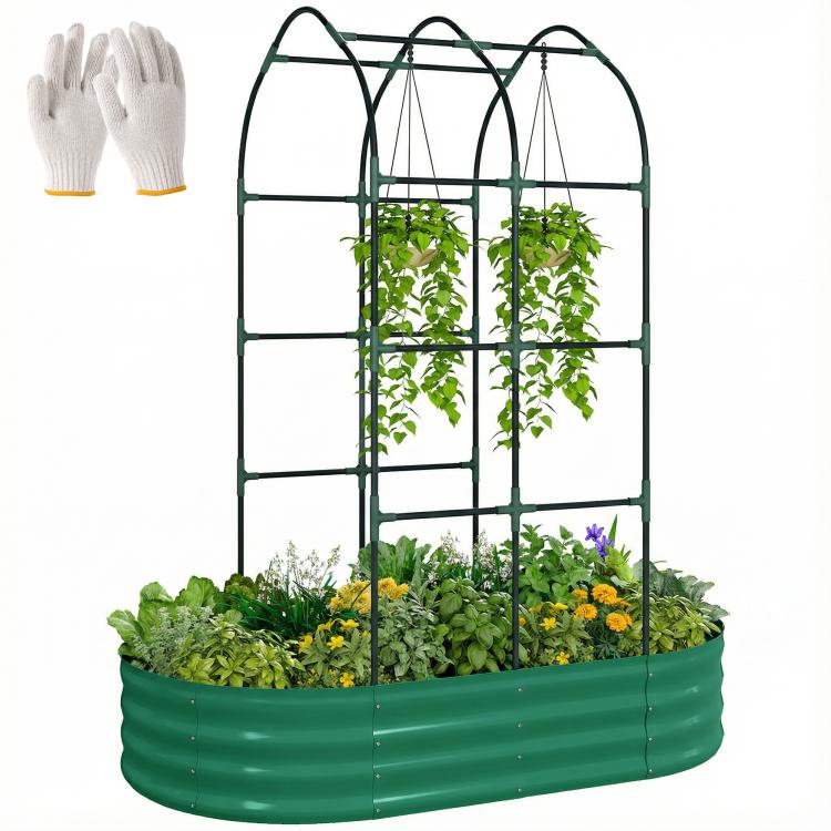 Green metal raised garden bed with arched trellis and leafy plants, open bottom