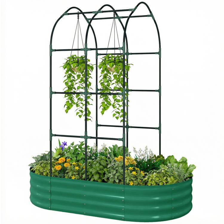 Green metal raised garden bed with arched trellis, growing herbs and flowers