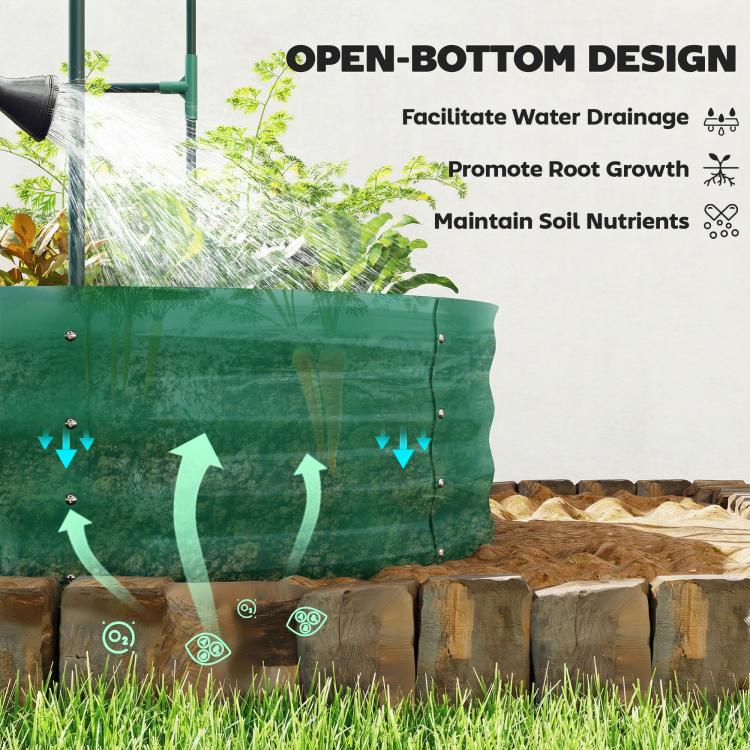 Green metal raised garden bed planter with arched trellis frame and open base