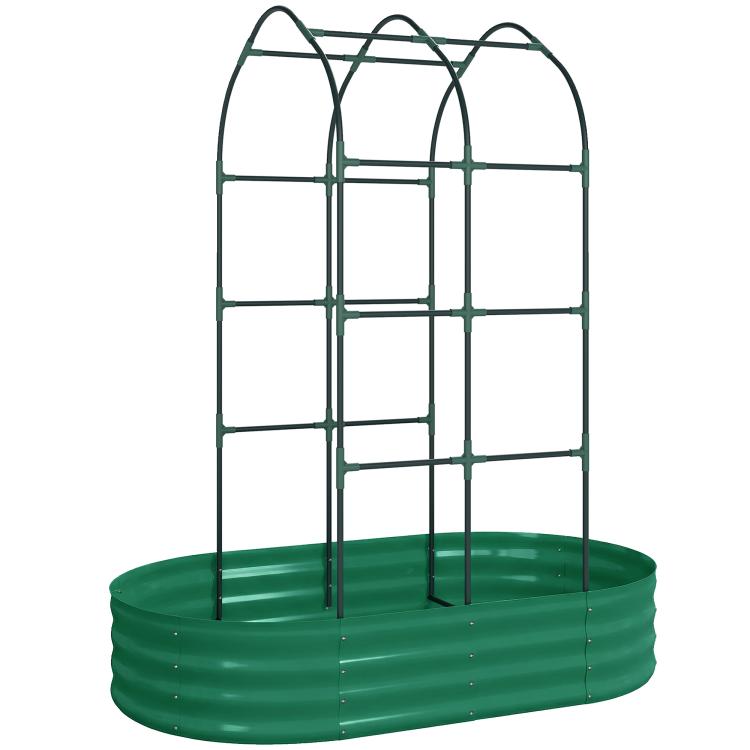 Green metal planter box with arched trellis and rounded raised bed for outdoors