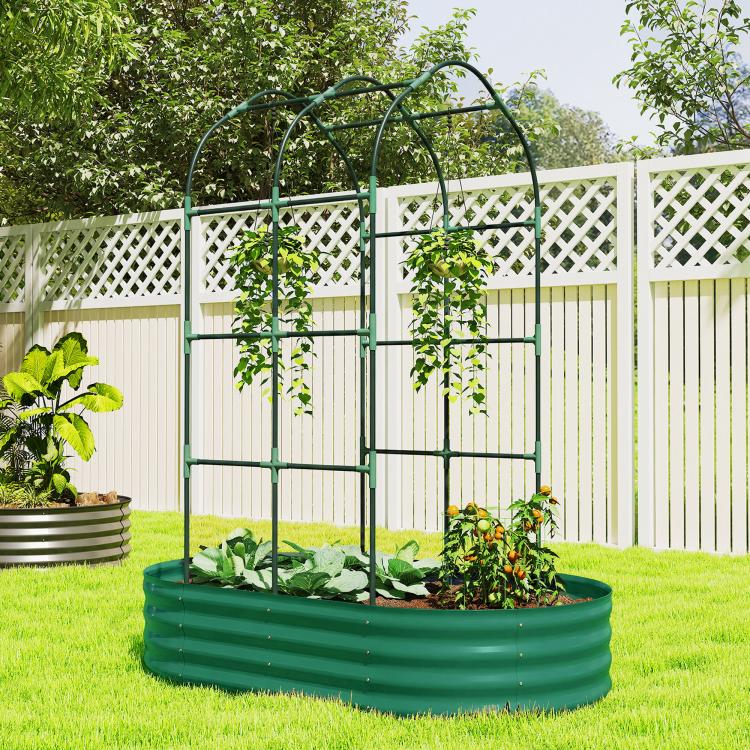 Green metal raised garden bed with arched trellis beside fence, filled with mixed plants
