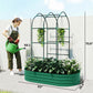 Green metal raised garden bed with arched trellis, person tending plants beside wall