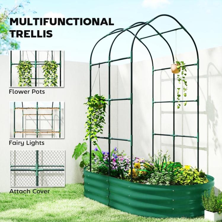 Green arched trellis over raised garden bed with climbing plants and small flowers