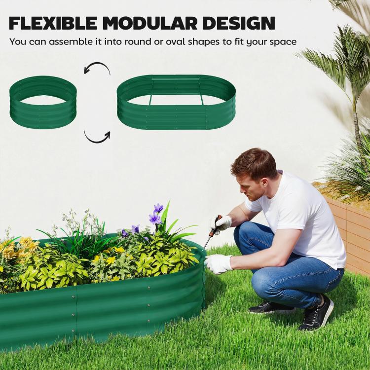 Green modular raised garden bed with arched trellis shown with flexible ring panels