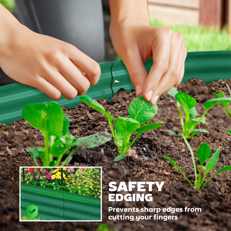 Green metal raised garden bed edge with hands planting seedlings in soil