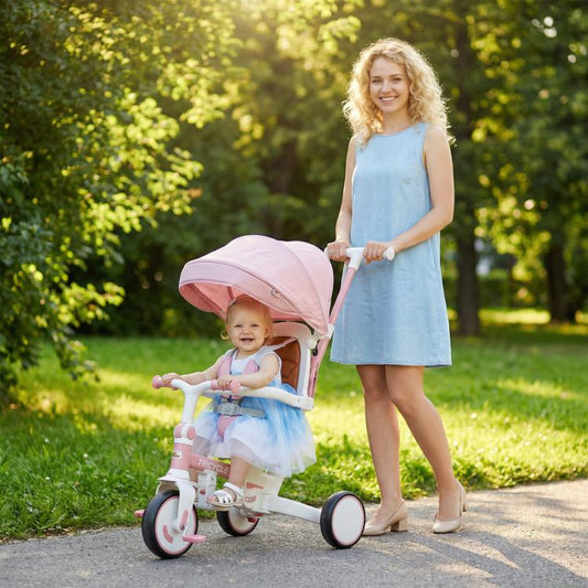 Pink tricycle stroller with canopy and white wheels, child seated facing forward