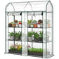 Clear mini greenhouse with green frame, two roll-up doors, and 3-tier wire shelves
