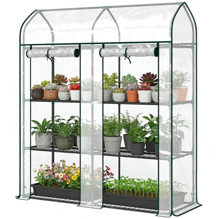 Clear mini greenhouse with green frame, two roll-up doors, and 3-tier wire shelves