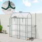 Clear mini greenhouse with green frame, arched transparent roof, and 3-tier wire shelves