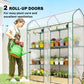 Clear mini greenhouse with green frame, two roll-up doors, and 3-tier wire shelves