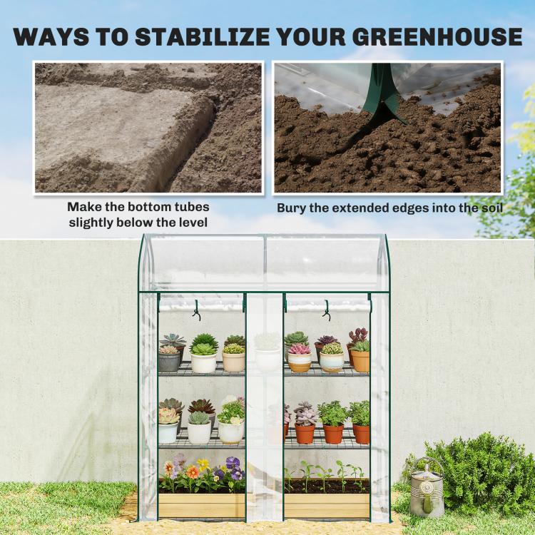 Clear 3-tier mini greenhouse with green frame and transparent walls, roll-up doors