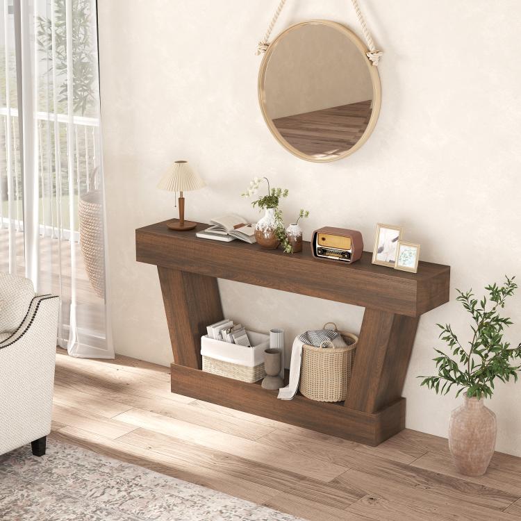 Vintage brown console table with open shelf and two side panels