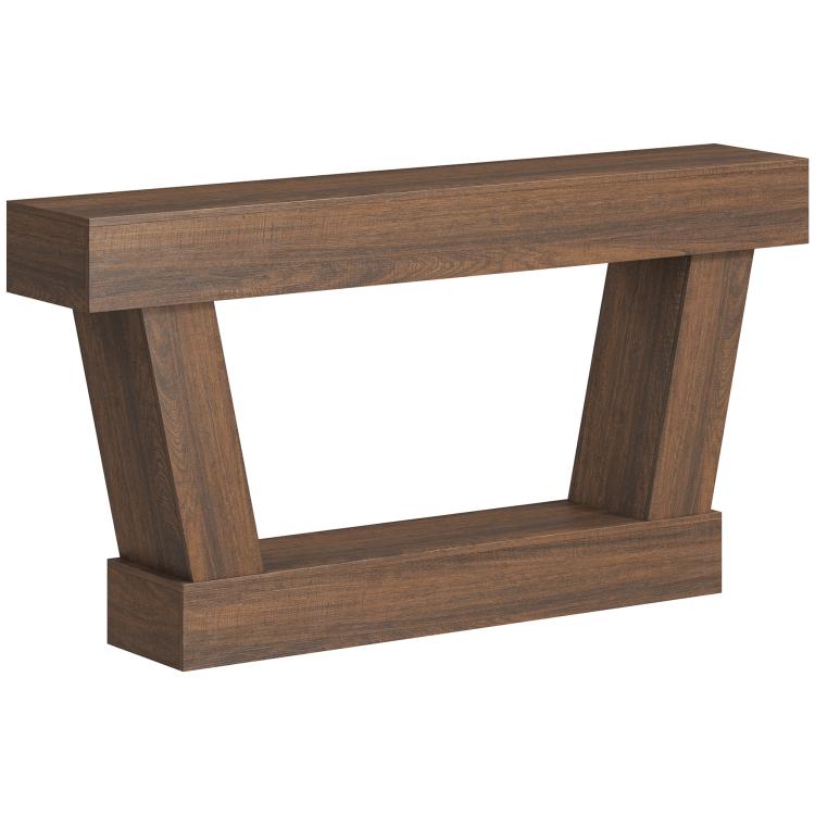 Brown console table with open lower shelf and sturdy angled legs