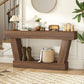 Distressed brown console table with open lower shelf and chunky angled legs