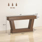 Brown narrow console table dimensions view with open lower shelf and angled legs