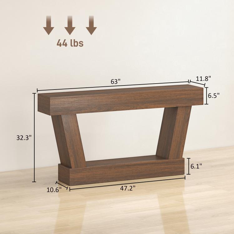 Brown narrow console table dimensions view with open lower shelf and angled legs