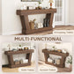 Multi-use brown console table with open shelves and wide top surface
