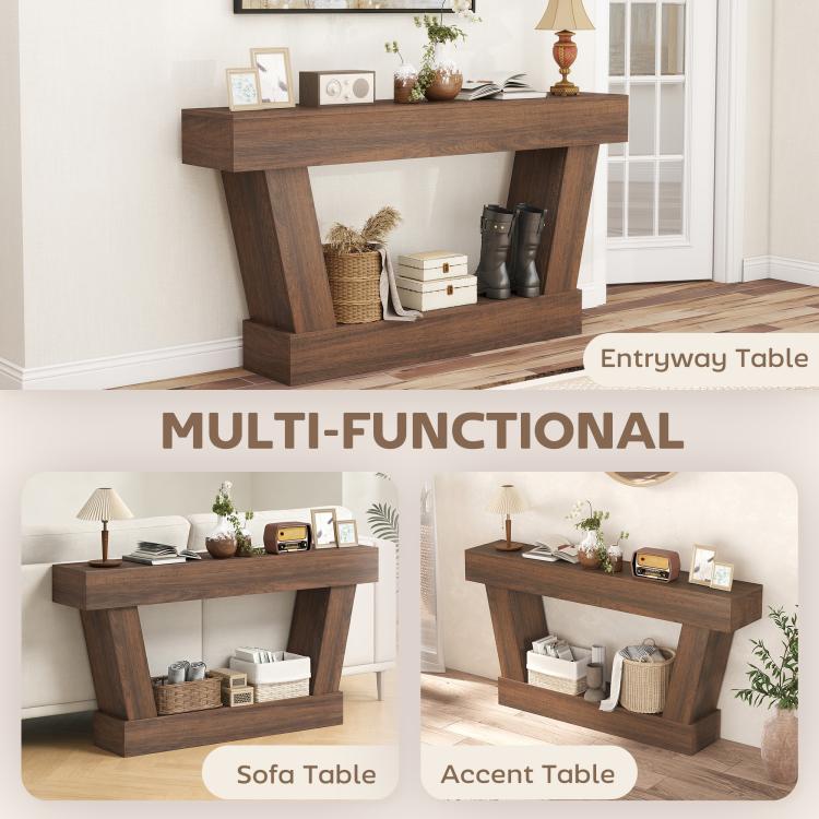 Multi-use brown console table with open shelves and wide top surface