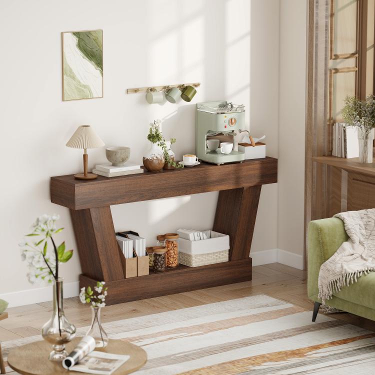 Brown vintage console table with open lower shelf and thick angled support legs