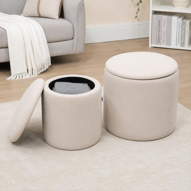 Cream white corduroy ottoman stool with open top and hidden storage, set of 2