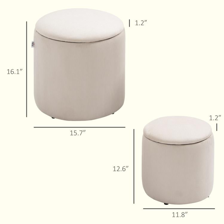 Cream white corduroy round ottoman stool pair with padded, removable tops