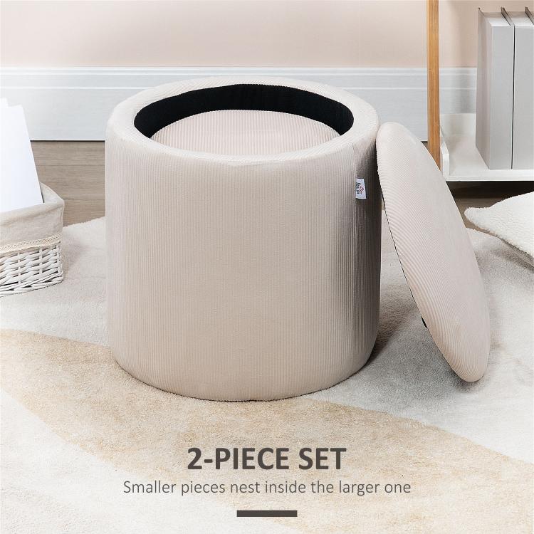 Cream white corduroy storage ottoman set of 2 with open top and side lid