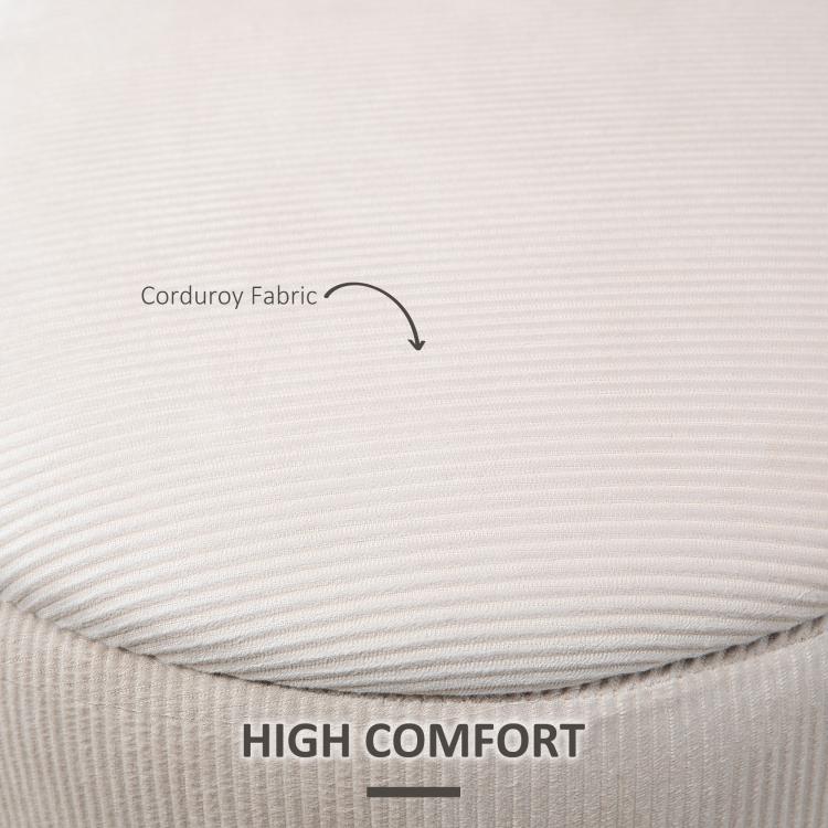 Close-up of cream white corduroy fabric texture on an ottoman lid