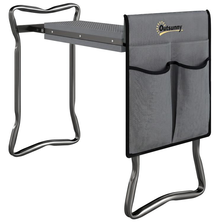 Gray foldable kneeler and seat with tool pouch, padded top, and metal frame