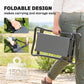 Foldable gray garden kneeler with padded mesh seat and steel carry handle.