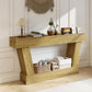 Oak entry console table with open shelf and four sturdy angled posts