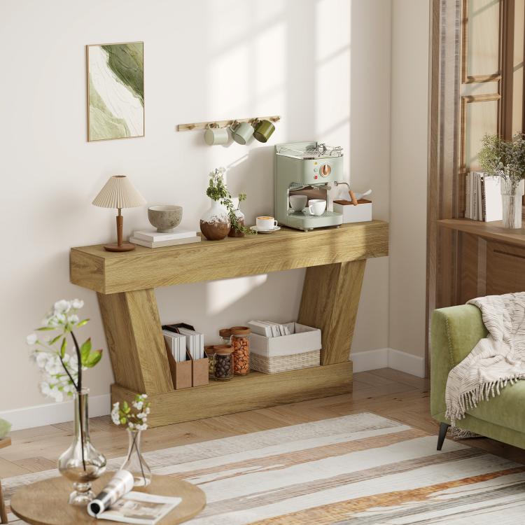 Oak console table with open lower shelf and wide tabletop
