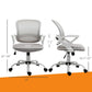 Gray mesh mid-back chair with fabric seat, showing dimensions and dual seat height levels